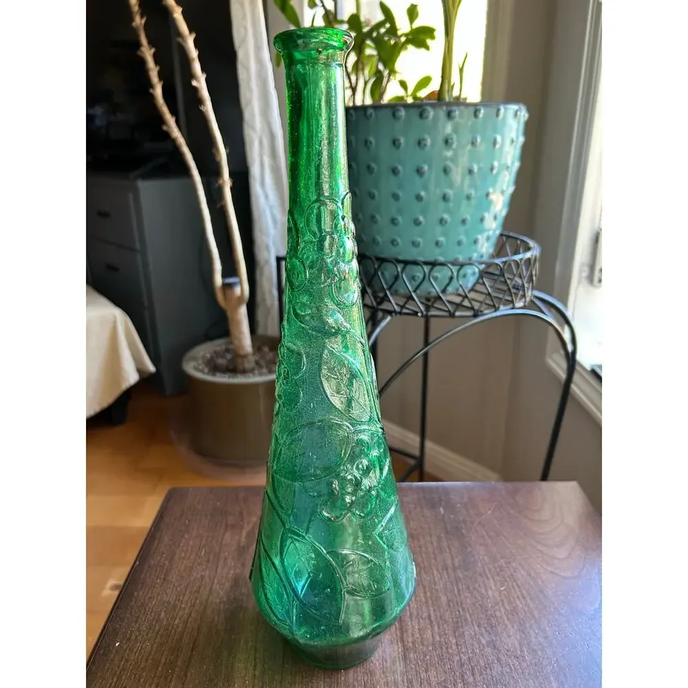 Vintage 60's/70's MCM Green Italian Empoli Bottle Decantet Butterfly And Flowers